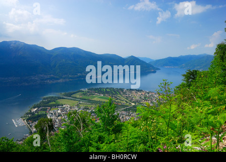 Delta des Flusses Maggia mit Locarno und Ascona am Lago Maggiore mit Monte Gambarogno im Hintergrund, Orselina, Locarno, Lago Stockfoto