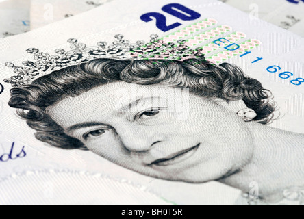 Nahaufnahme einer britischen zwanzig Pfund-Note zeigt die Königinnen Kopf Stockfoto