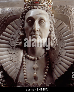 Königin Elisabeth i. Grab & Denkmal von Maximilian Colt 1603 mit Krone und Ruff. Integralhelme von oben. Westminster Abbey Stockfoto