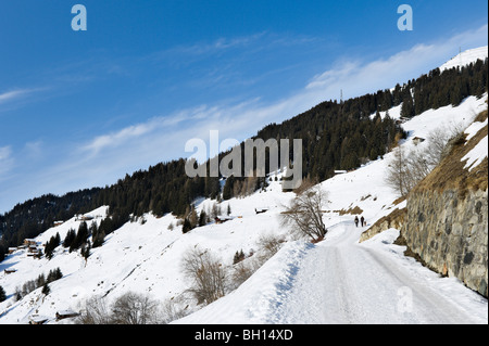 Paare, die einen Hund auf einem Pfad über den Ferienort Verbier, Wallis, Schweiz Stockfoto