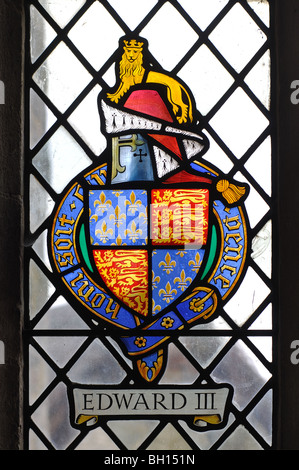 Edward III Wappen gebeizt Glas, St. Maria Kirche, Charlton in Otmoor, Oxfordshire, England, UK Stockfoto