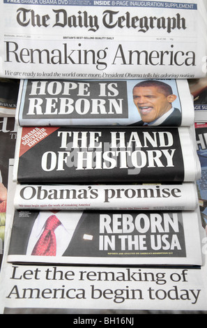 Britische Zeitungen Schlagzeilen von 21. Januar 2009 von der Amtseinführung des 44. Präsidenten Amerikas, Barack Obama. Stockfoto
