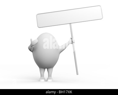 3D Illustration einer Zeichentrickfigur Eierkopf mit einem leeren Schild. Isoliert auf weißem Hintergrund. Stockfoto