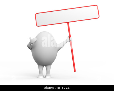 3D Illustration einer Zeichentrickfigur, Ei mit einem leeren Schild. Isoliert auf weißem Hintergrund. Stockfoto