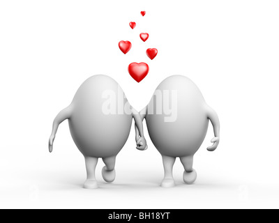 3D Illustration ein süßes Paar Eierkopf Zeichen in der Liebe Hand in Hand. Isoliert auf weißem Hintergrund. Stockfoto