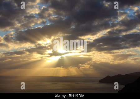 Fuerteventura, Kanarische Insel, Inseln, Spanien, Süd-Ost, Sonne Wolken und Berge von La Entallada aus gesehen Stockfoto