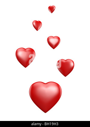 3D Illustration auf roten Herzen auf weißem Hintergrund Stockfoto