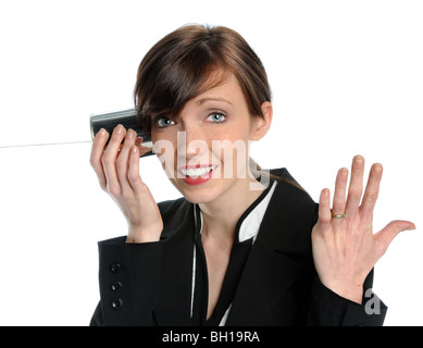 Geschäftsfrau mit Blechdose Telefon isoliert auf weißem Hintergrund Stockfoto