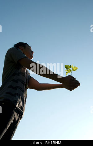 Junger Mann hält Sämling mit ausgestreckten Armen, Assiniboine Park, Winnipeg, Manitoba, Kanada Stockfoto