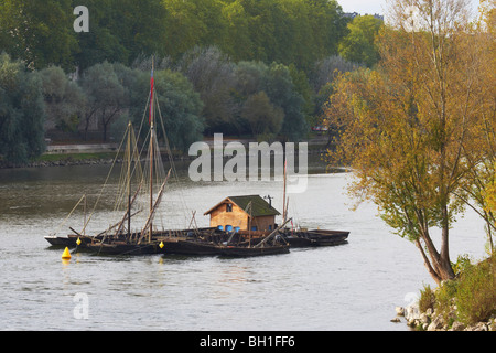 Loire-Flusses mit Floß, den Weg des Hl. Jakobus, Chemins de Saint-Jacques, Via Turonensis, Touren, Abt. Indre-et-Loire, Région Centr Stockfoto