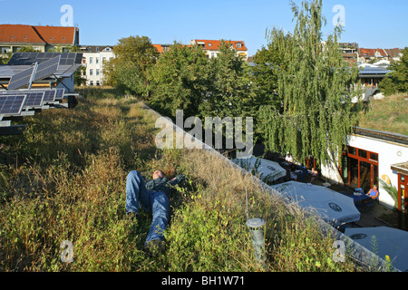 begrünten Dach mit Sonnenkollektoren, UFA, internationales Zentrum für Kultur und Ökologie, Berlin Stockfoto