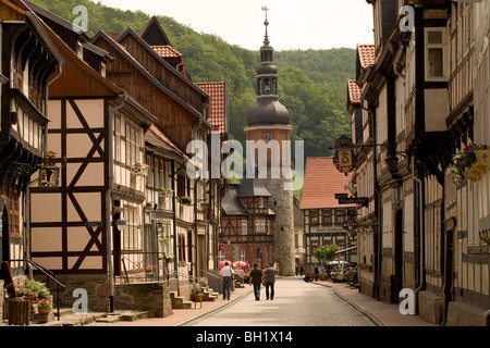 Fachwerkhäusern und Saigerturm am Rittergasse, Stolberg, Sachsen-Anhalt, Deutschland, Europa Stockfoto