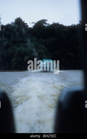 Riverboat nach im Gefolge eines anderen Bootes am Fluss Tortuguero, Costa Rica Stockfoto