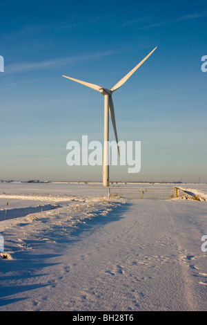 Windkraftanlage im Schnee gegen einen blauen Winterhimmel dominiert eine flache Fenland-Landschaft Stockfoto