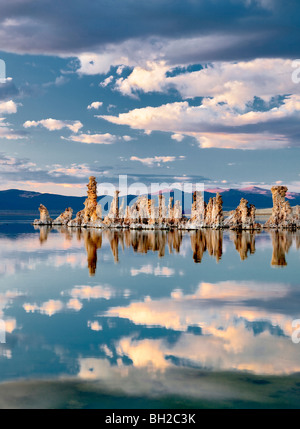 Tuffstein und Cloud Reflexionen in Mono Lake, Kalifornien Stockfoto