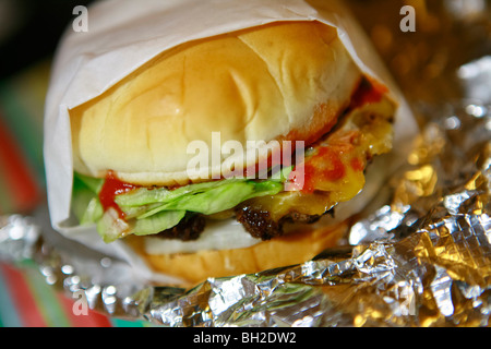 Typische New York Cheese Burger, auch bekannt als Hamburger mit Käse, Pommes frites, Cola und Zwiebel Ringe Stockfoto