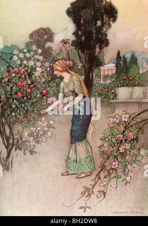 Emily im Garten, von Warwick Goble, von der kompletten Poetical Works of Geoffrey Chaucer, 1912. Stockfoto