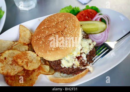 Typische New York Cheese Burger, auch bekannt als Hamburger mit Käse, Pommes frites, Cola und Zwiebel Ringe Stockfoto