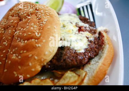 Typische New York Cheese Burger, auch bekannt als Hamburger mit Käse, Pommes frites, Cola und Zwiebel Ringe Stockfoto