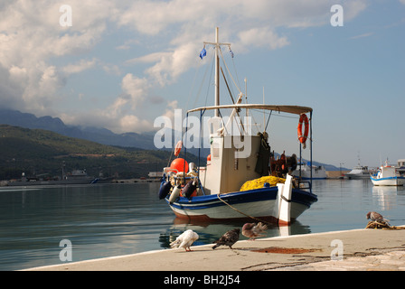 Angelboot/Fischerboot mit Tauben im Vordergrund angedockt Stockfoto