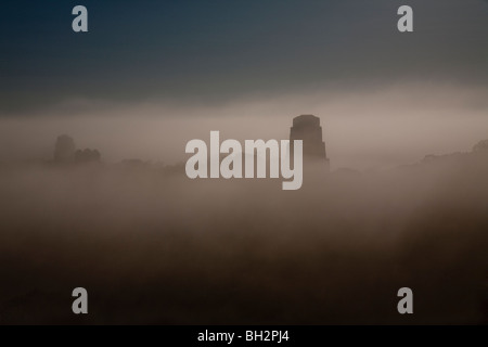 Sunrise und frühen Morgennebel am Tikal Archäologie Standort. Stockfoto