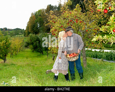 Älteres Paar küssen im Garten Stockfoto
