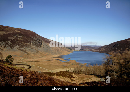 Blick auf Loch Lee und Hügeln am Glen Esk. Stockfoto