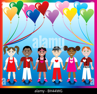 Vector Illustration von 10 Herzen Luftballons mit einem farbigen Hintergrund und Kinder Hand in Hand mit Liebe Farben und Herzen. Stockfoto