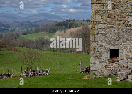 Blick über die hügelige Landschaft der Limousin mit einem kleinen Obstgarten und im zeitigen Frühjahr. Stockfoto