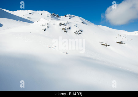 Eine Gruppe von Skifahrern Joggen Sie unten eine große alpine Schüssel im Hinterland der Selkirk Mountains, Kanada. Stockfoto