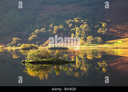 Am späten Nachmittag leichte auf Sträucher durch Crummock Wasser mit Reflektionen im Herbst. Stockfoto