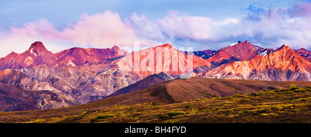 Alaska Range und Herbstfarben bei Sonnenuntergang, Denali-Nationalpark, Alaska Stockfoto