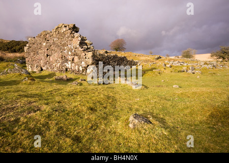 Ein stimmungsvoller Himmel ragt über alte Ruinen auf Dartmoor Stockfoto