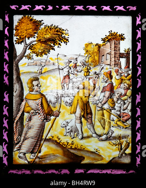 Ein 16. Jahrhundert italienischen Glasfenster mit Joseph seinen Brüdern, Allerheiligen Kirche, Chadshunt, Warwickshire treffen Stockfoto