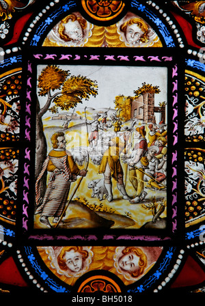 Ein 16. Jahrhundert italienischen Glasfenster mit Joseph seinen Brüdern, Allerheiligen Kirche, Chadshunt, Warwickshire treffen Stockfoto