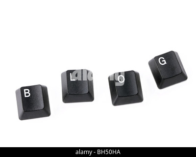 Schwarze Tastatur Tasten bilden BLOG Wort auf weißem Hintergrund Stockfoto