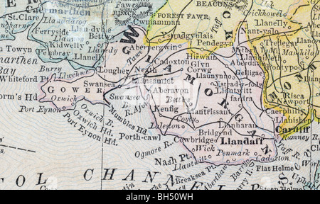 Alte Karte von Glamorgan Grafschaft aus original Geographie Lehrbuch, 1884 Stockfoto