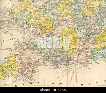 Alte Karte von Südwesten Englands aus original Geographie Lehrbuch, 1884 Stockfoto