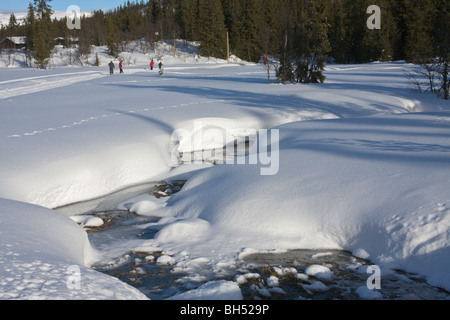 Flüsschen in verschneiter Landschaft. Stockfoto