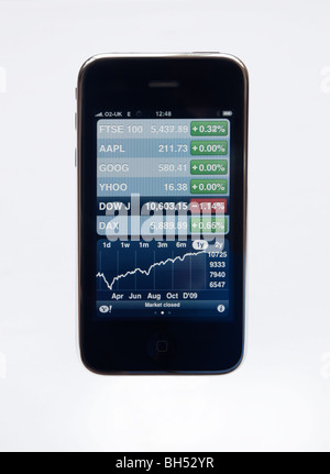 iPhone 3G zeigt Dow Jones financial Diagramm für Jahr 2009 mit Aktien-Anwendung Stockfoto