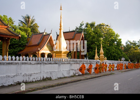 Buddhistische Mönche Angebote von Almosen, Luang Prabang zu sammeln Stockfoto