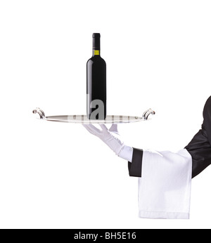 Butler, hielt ein Tablett mit Wein isoliert auf weißem Hintergrund Stockfoto