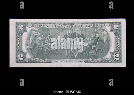 Der Rückseite einer seltenen zwei Dollar ($2) Vereinigte Staaten von Amerika Banknote (Bill) zeigt die Unabhängigkeitserklärung 1776. Stockfoto