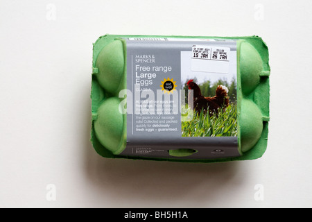 Ei Box geschlossen - 6 grosse Eier aus Freilandhaltung Marks & Spencer auf weißem Hintergrund - eggbox Stockfoto