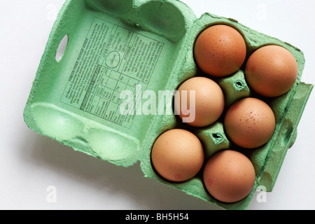 Ei Box geöffnet und zeigt 6 große Eier aus Freilandhaltung Marks & Spencer - eggbox Stockfoto