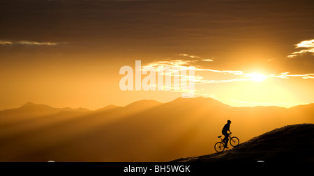 Mountainbiker reitet auf einem Hügel bei Sonnenuntergang. Dieser ist in Arizona, westlich von Tucson. Stockfoto