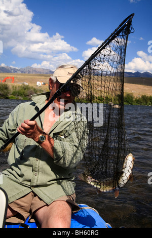 Fischer fangen eine Regenbogenforelle an Bord eines Schwimmers auf der Madison River in der Nähe von Ennis, Montana Stockfoto