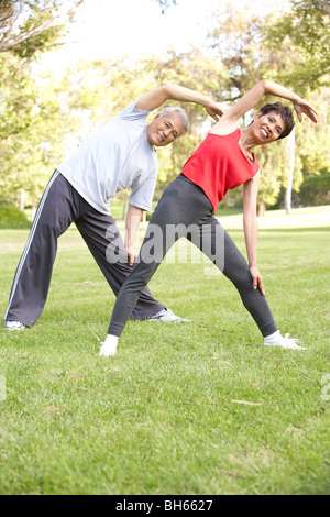 Älteres paar Gymnastik im Park Stockfoto