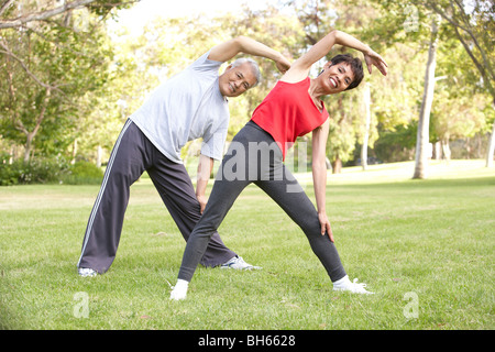 Älteres paar Gymnastik im Park Stockfoto