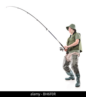 Fischer mit einer Angelrute isoliert auf weißem Hintergrund Stockfoto
